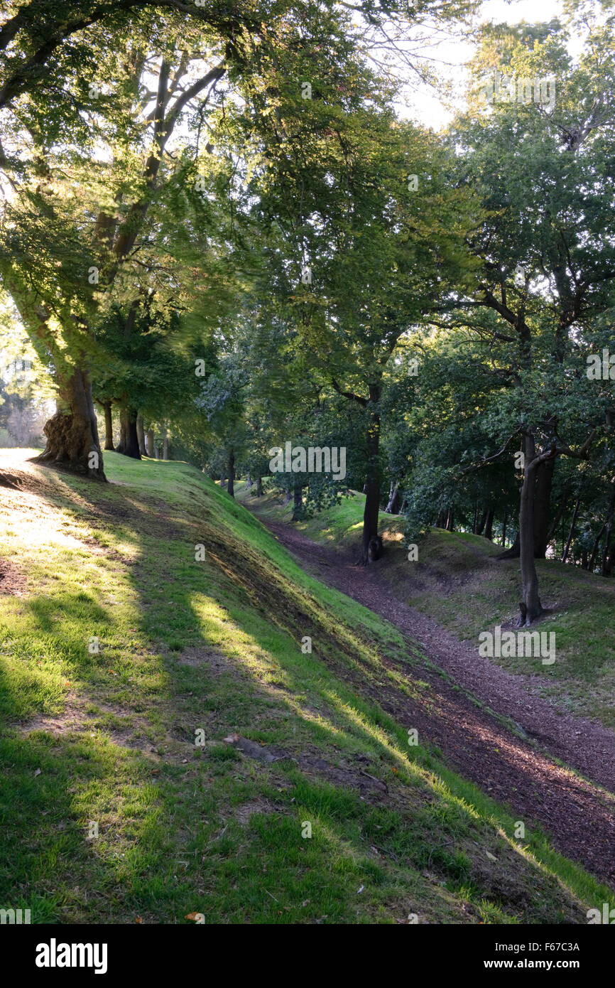 Auf der Suche W in Spitzgraben ("Vallum") der römischen Antonine Wand E der Watling Lodge, Falkirk: ein Rasen Wall & Pallisade gekrönt S (L) Bank. Stockfoto