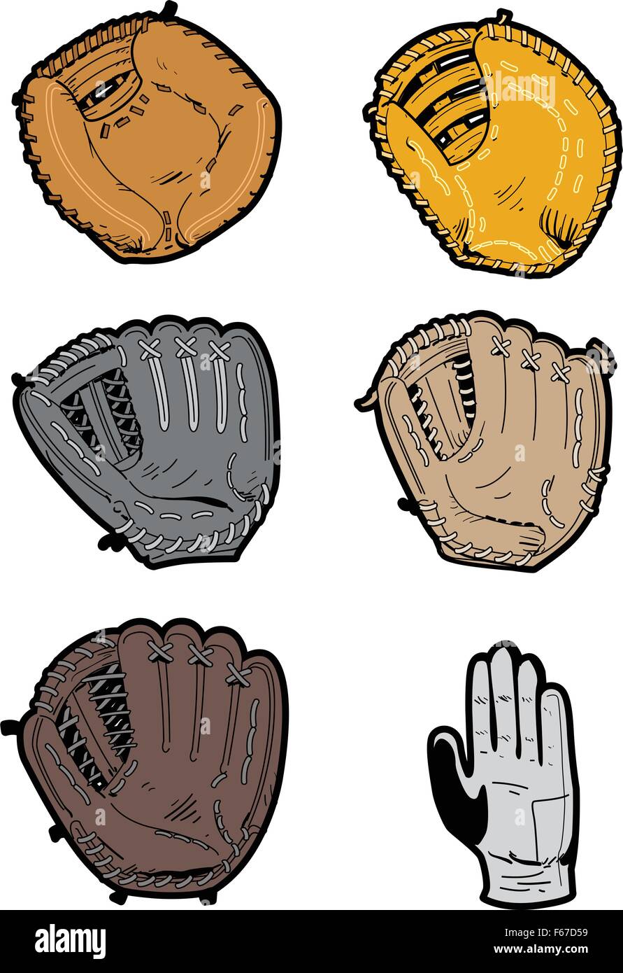 Sechs verschiedene professionelle Baseball Handschuh Arten: Schalter Werfer Handschuh, Outfielder der Handschuh, Pitcher den Handschuh, Infielder den Handschuh, Stock Vektor