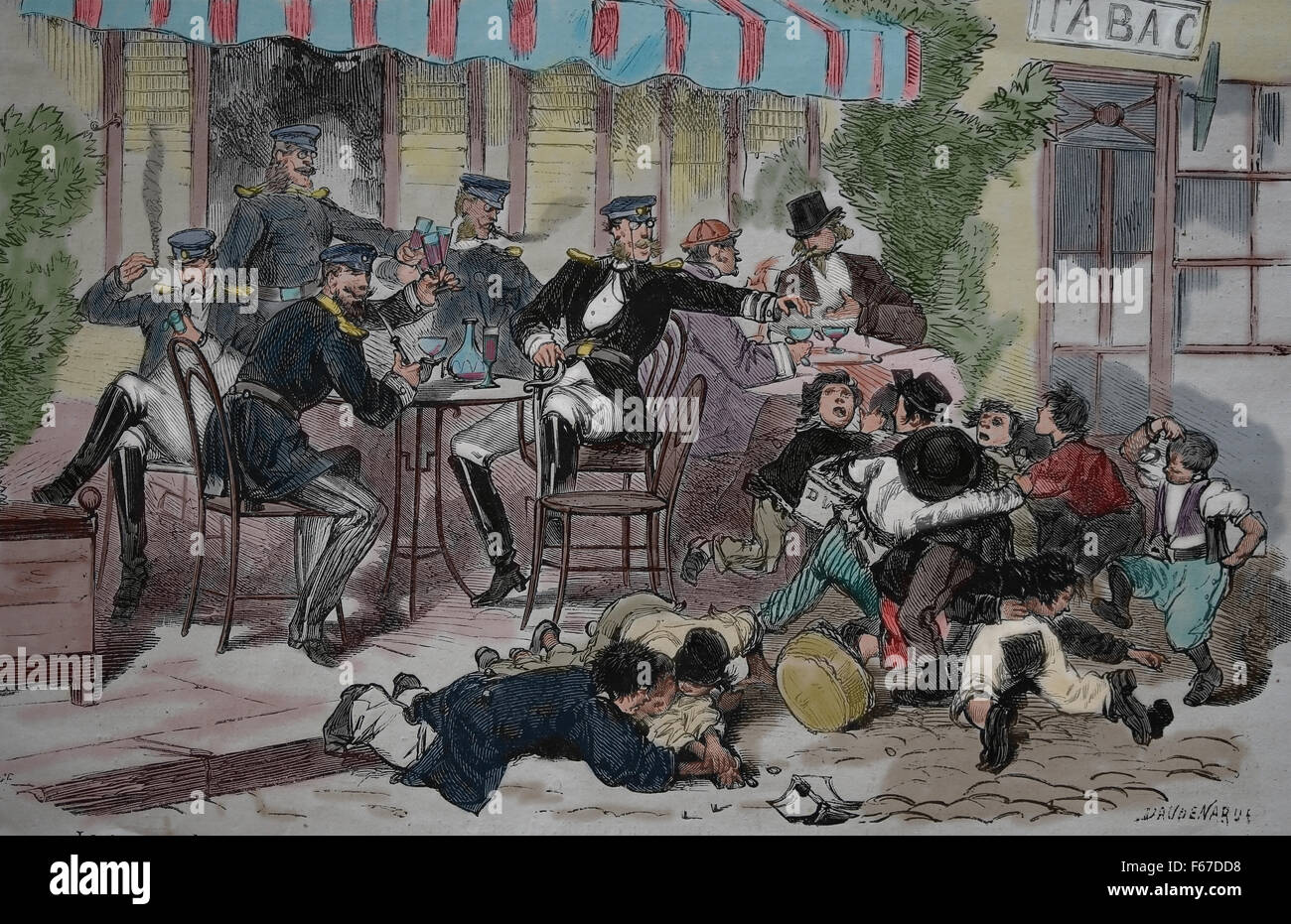 Frankreich. Forbach. Preußischen Werbung. Preußische Offiziere werfen Kinder unter ihren Kindern, lang lebe der preußischen schreien. Stockfoto