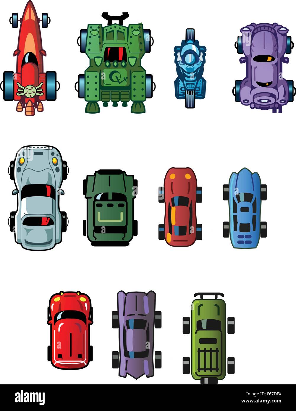 Verschiedene coole kleine Cartoon-Autos und Fahrzeuge für verwenden als  Vermögenswerte in Computer Videospiele, Draufsicht Stock-Vektorgrafik -  Alamy