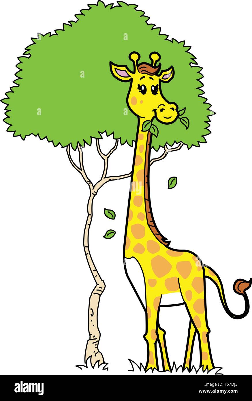 Niedliche Cartoon-Giraffe, die Blätter von einem Baum zu essen Stock Vektor