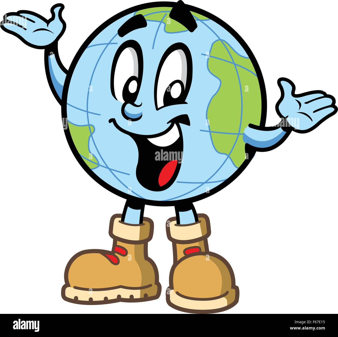 Glücklich lächelnd Globus Welt reisen Explorer Cartoon-Figur mit Kontinenten und Wanderschuhe Stock Vektor