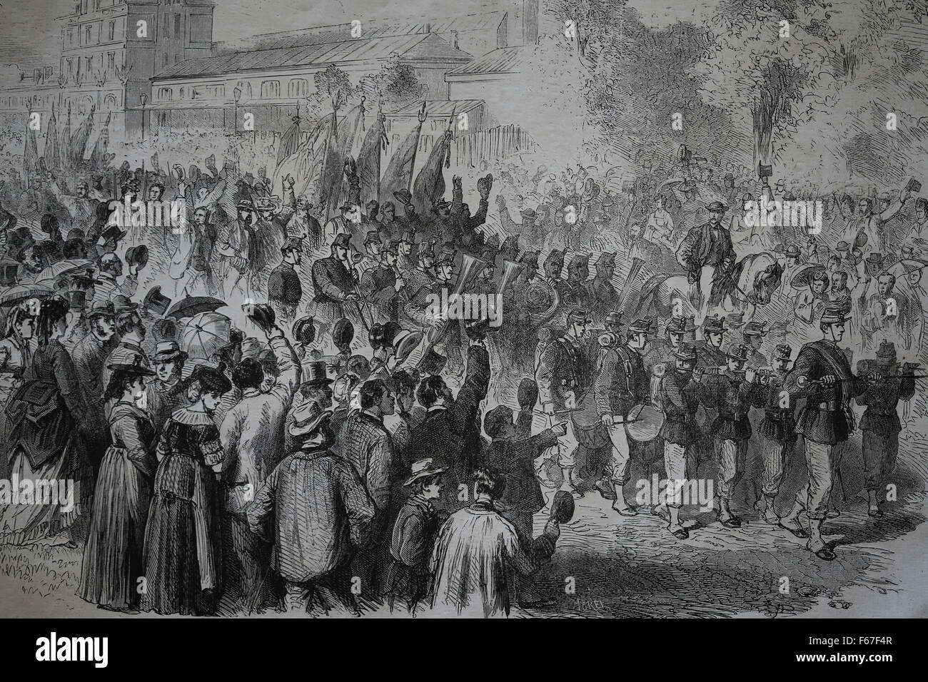 Frankreich. Macon. Fêtes Franco-Schweizer. Die Schweizer hatten ihren Eintritt in die Stadt. Kupferstich von Le Monde Illustre, Frankreich, 1871. Stockfoto