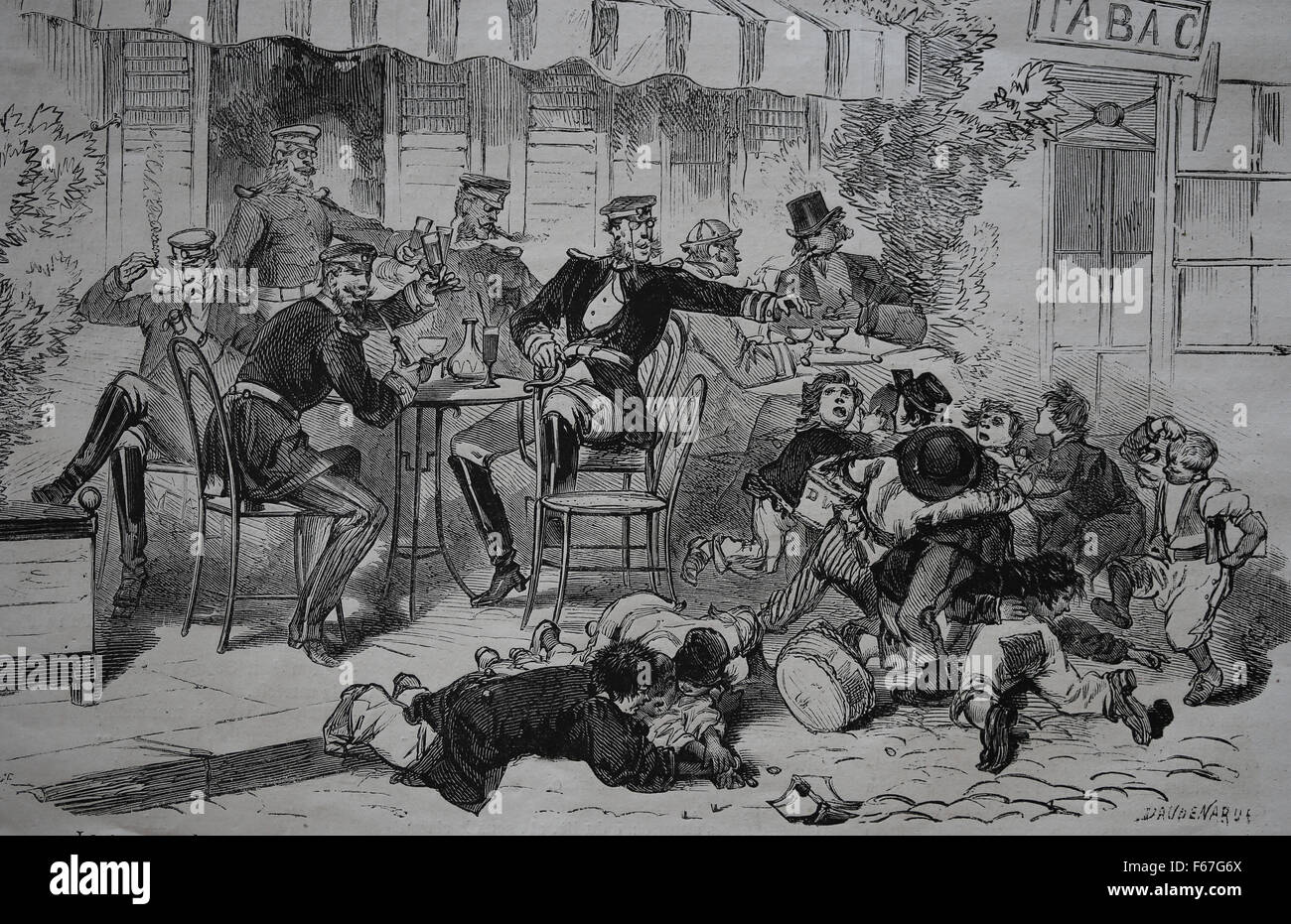 Frankreich. Forbach. Preußischen Werbung. Preußische Offiziere werfen Kinder unter ihren Kindern, lang lebe der preußischen schreien. Stockfoto