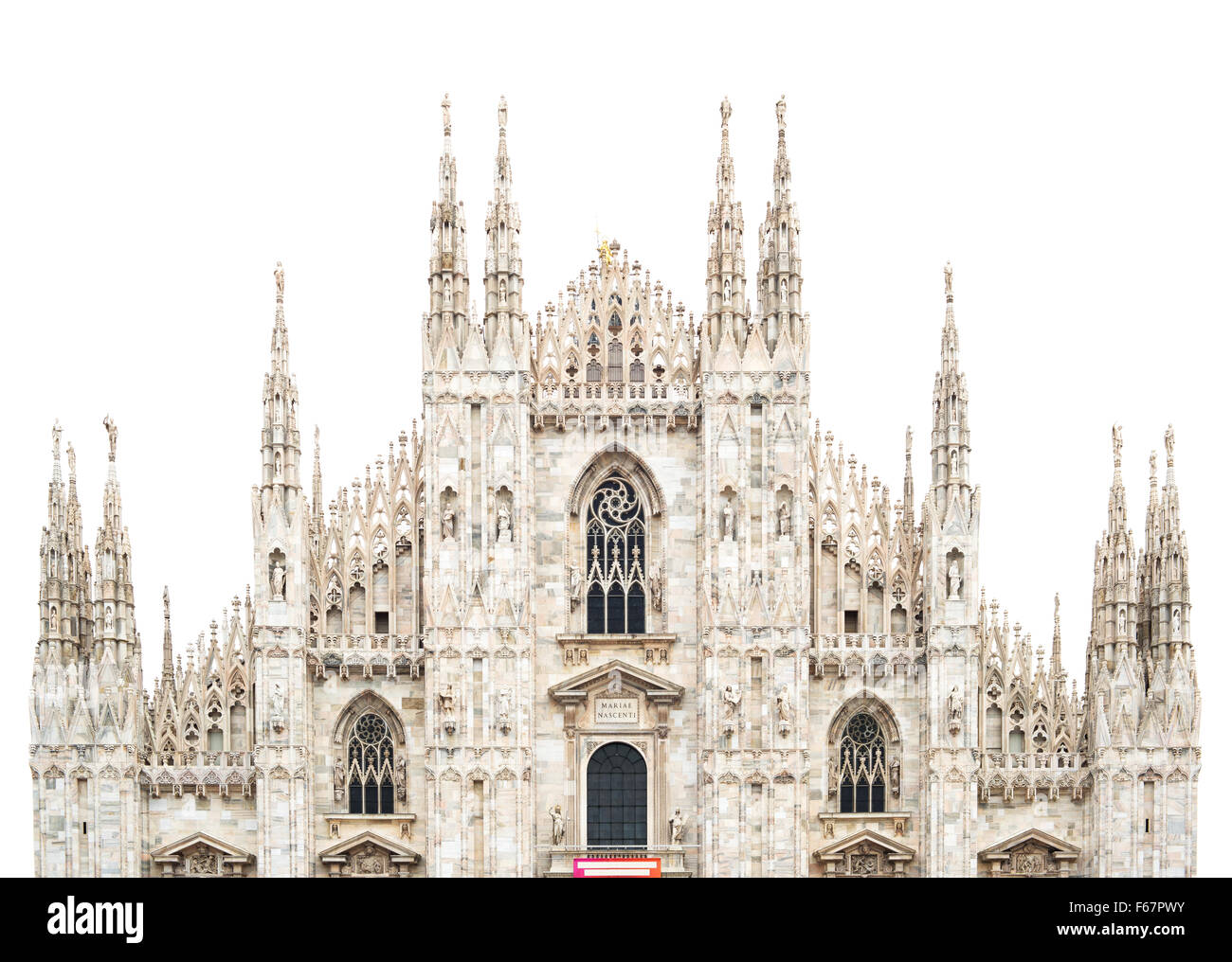 Mailand gotische Kathedrale Dom Wahrzeichen oberen Vorderseite isoliert unter einem weißen Himmel. Italien, Europa. Stockfoto