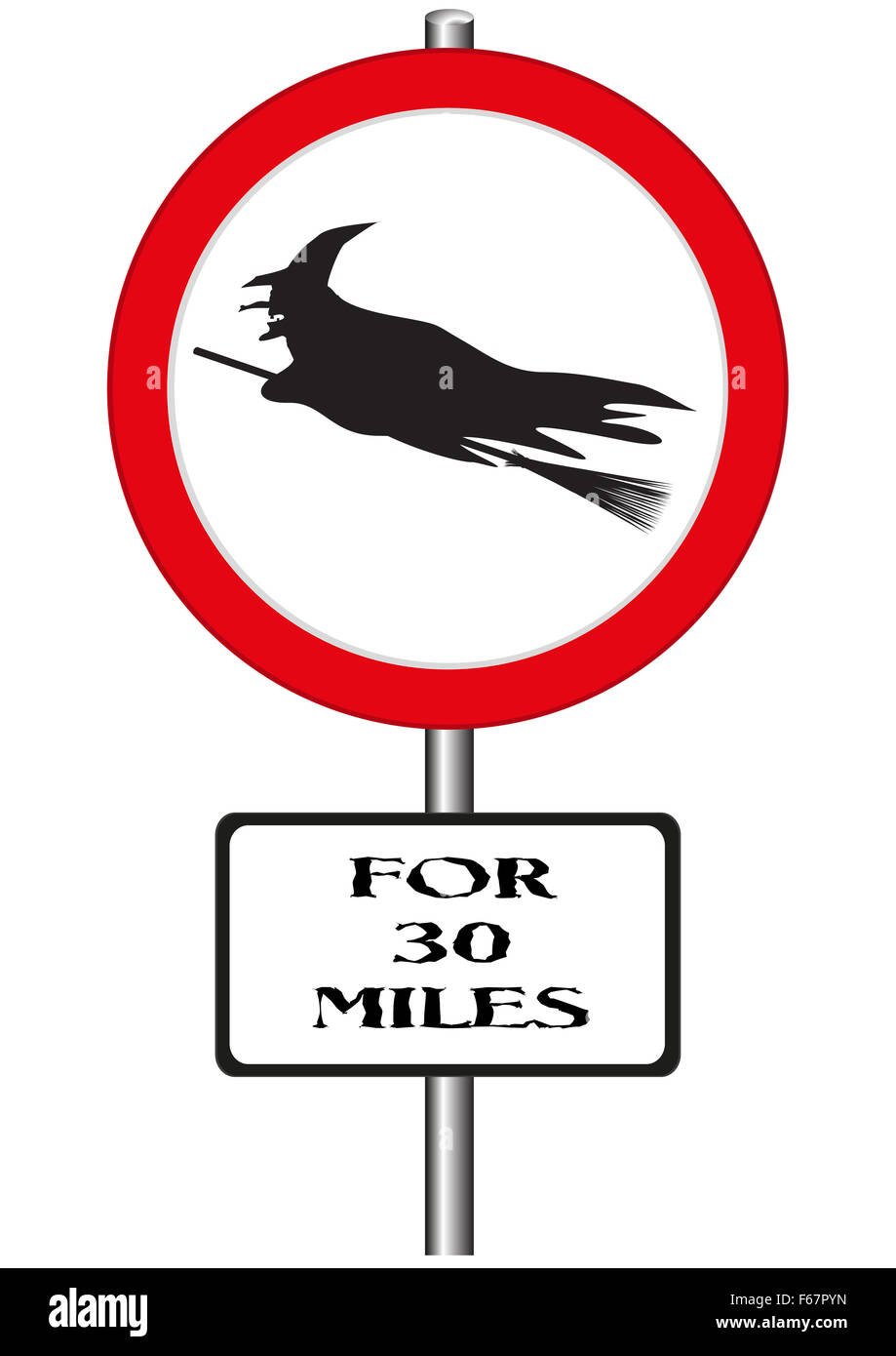 Ein Verkehrszeichen Warnung vor Hexen voraus und isoliert auf weißem Hintergrund Stockfoto
