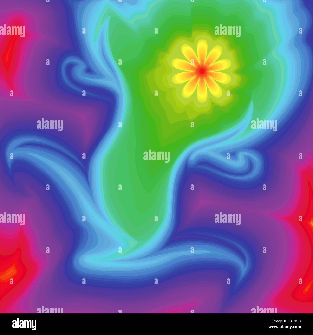 Abstrakte Vektormuster mit orange und gelbe Blume und wellig Spektrum Regenbogenfarben um ihn herum Stock Vektor
