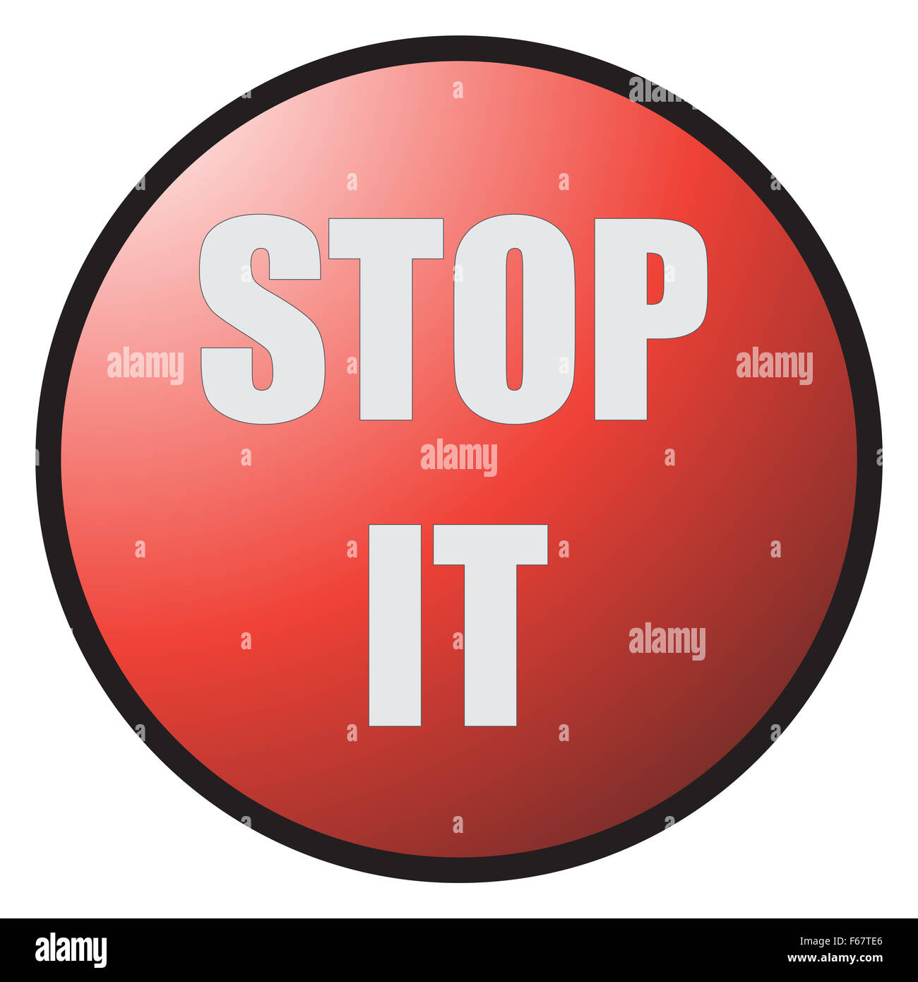 Einen großen roten Knopf "STOP IT" zu sagen und isoliert auf weißem Hintergrund Stockfoto