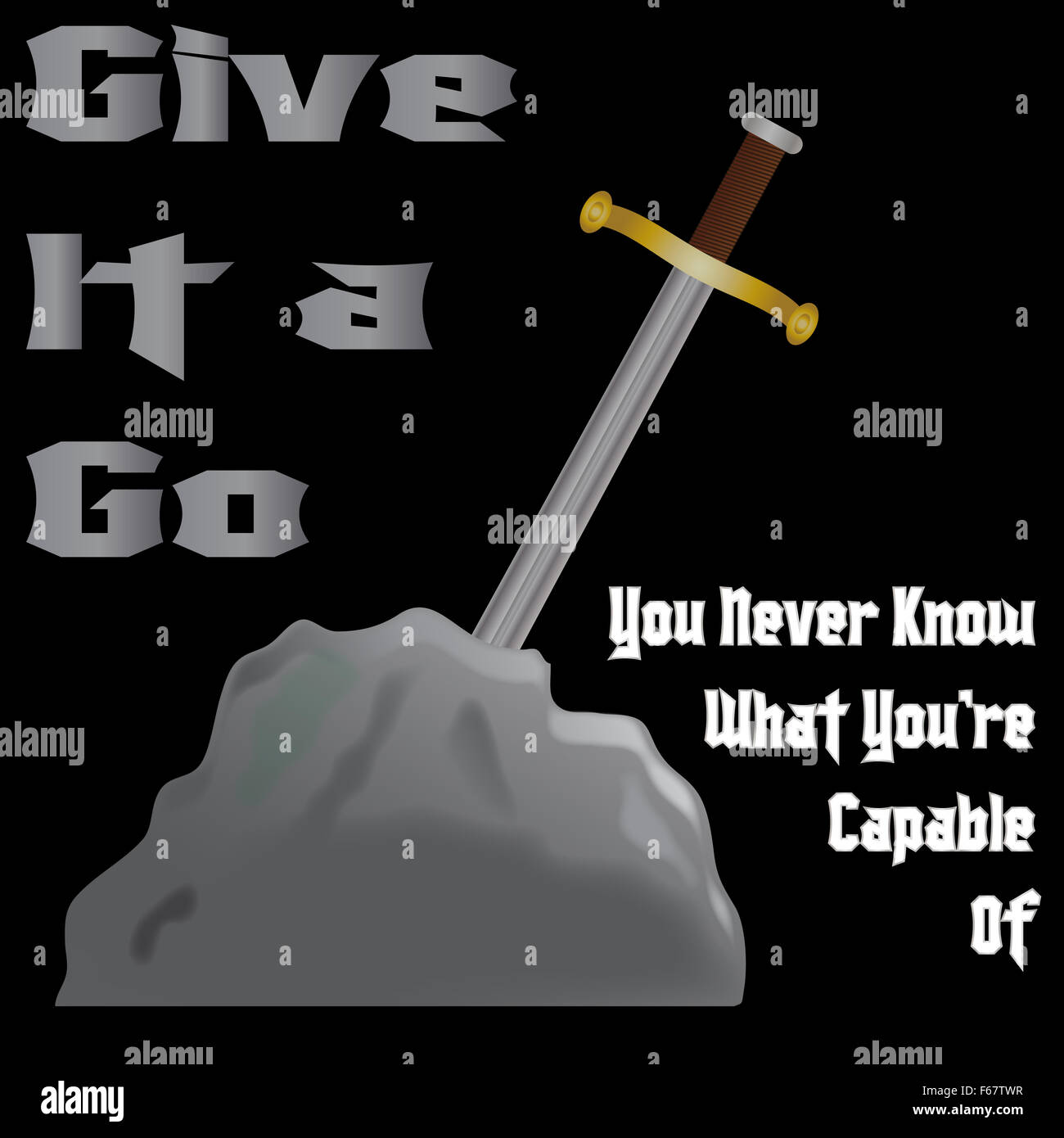 Ein Schwert Aus Einem Stein Mit Einer Beschriftung Auf Schwarzem Hintergrund Stockfotografie Alamy