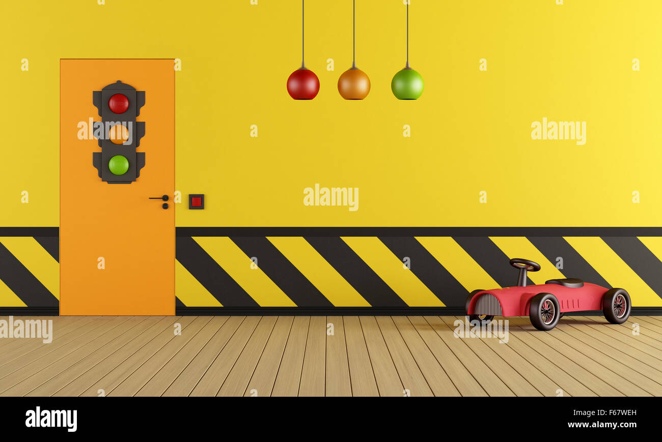 Gelbe Spielzimmer mit Spielzeug-Auto und Ampel auf geschlossene Tür - 3D Rendering Stockfoto