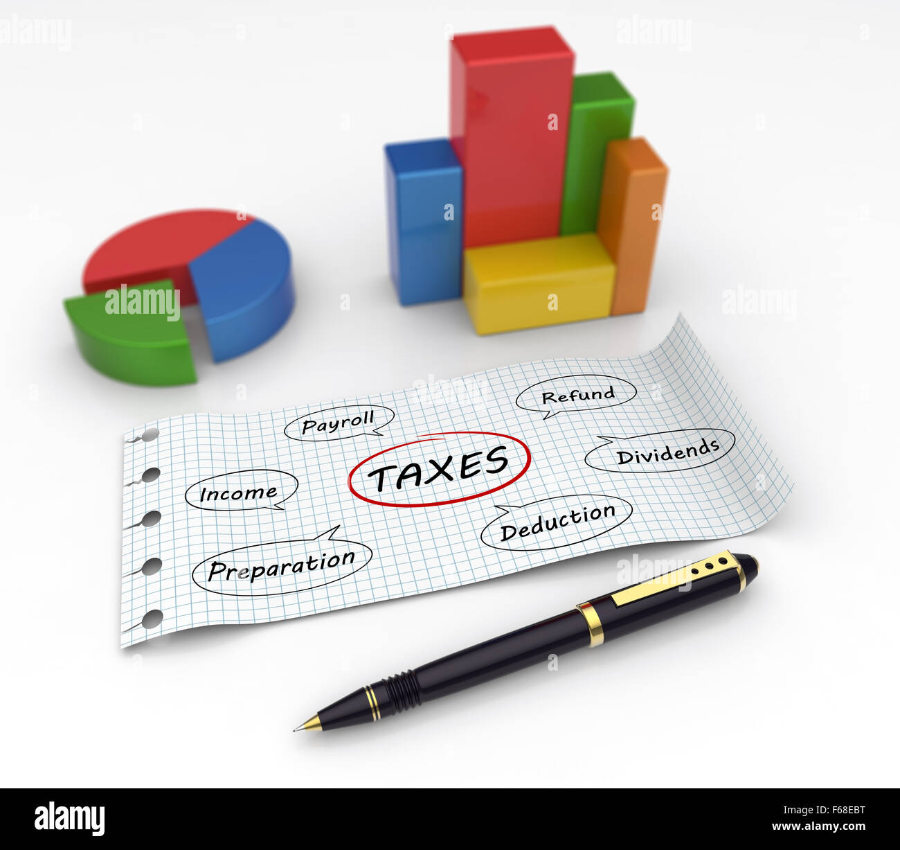 Flussdiagramm mit Worten zum Thema Steuern Stockfoto