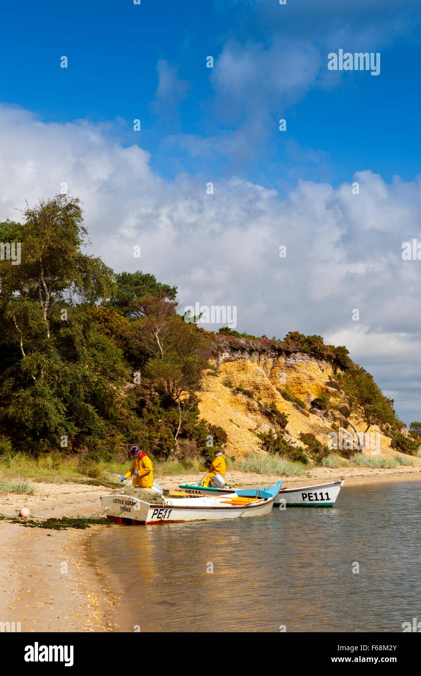 Zwei Ring net Fischer an einem Strand an der RSPB Arne reservieren im Hafen von Poole, Dorset, England. Stockfoto