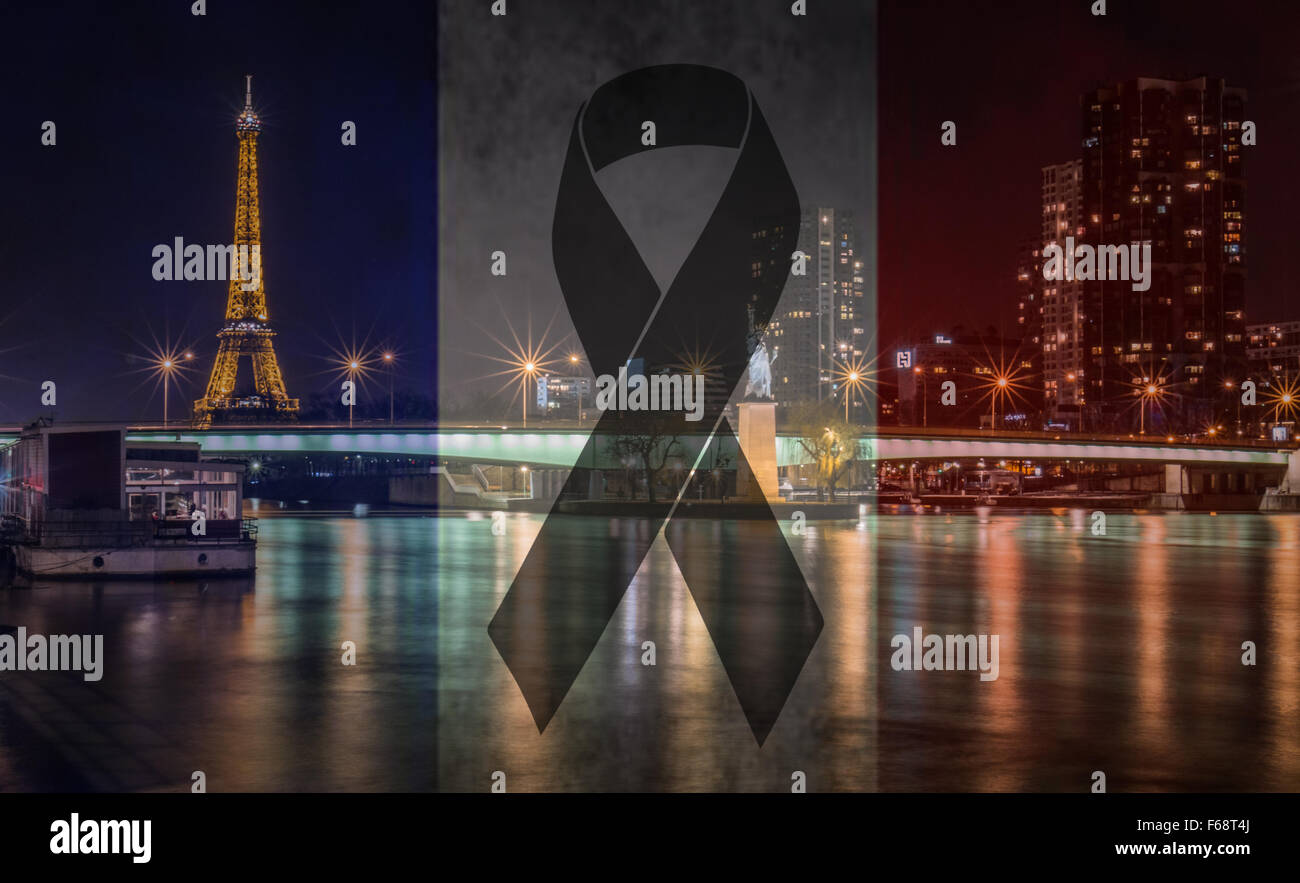 Paris auf dem Hintergrund mit schwarzen Band und französische Flagge als filter Stockfoto