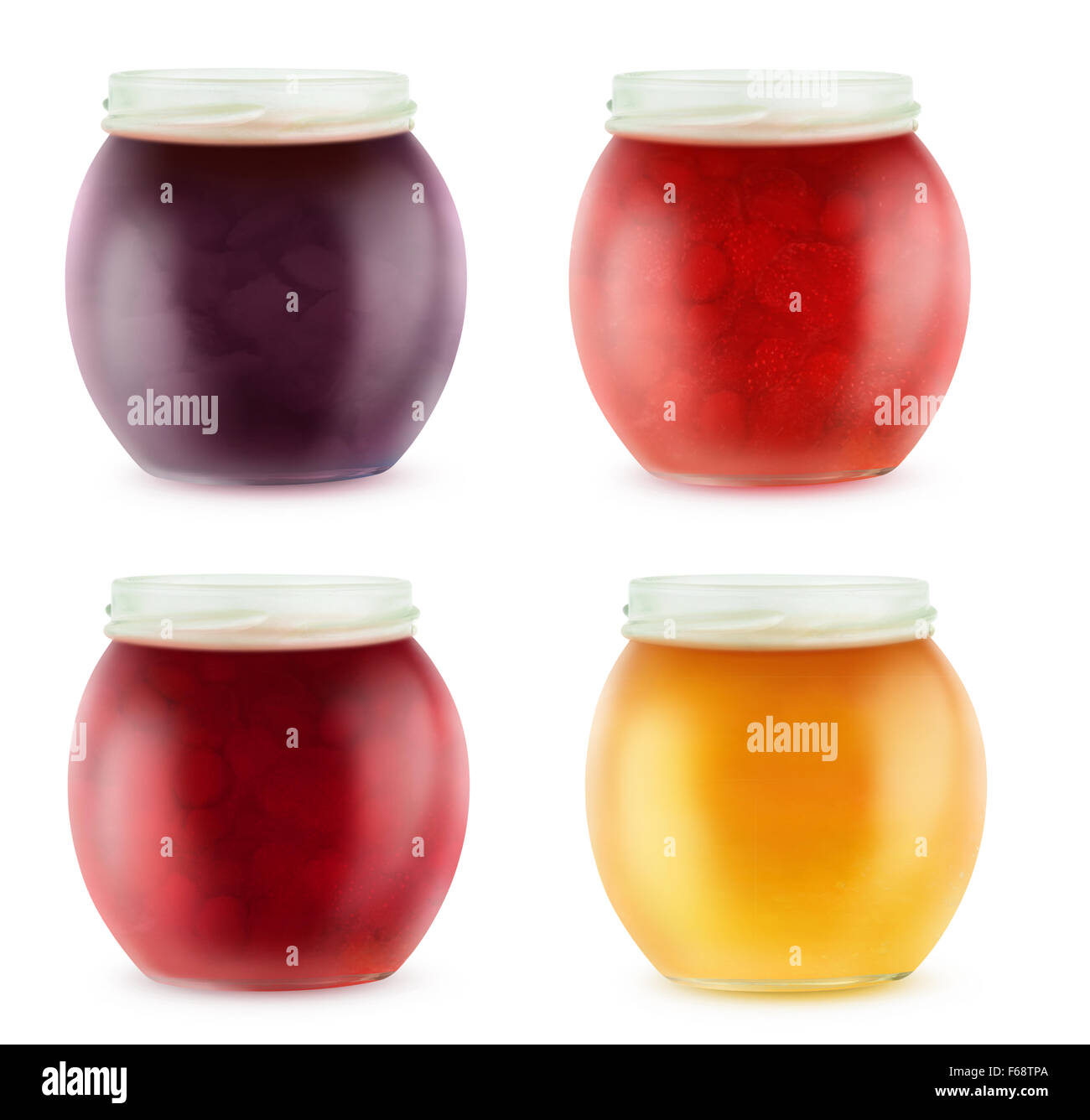 Sammlung von bunten offen Gläser mit Marmelade, isoliert auf weiss mit Beschneidungspfad Stockfoto