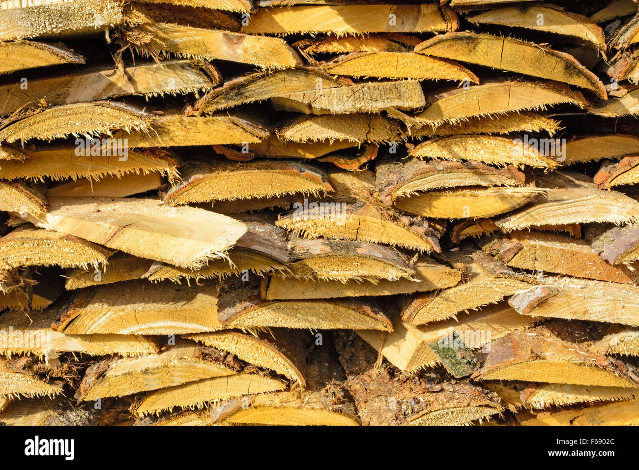 Holzschnitt auf dem Betriebshof des Protokolls und zum Verkauf bereit. Stockfoto