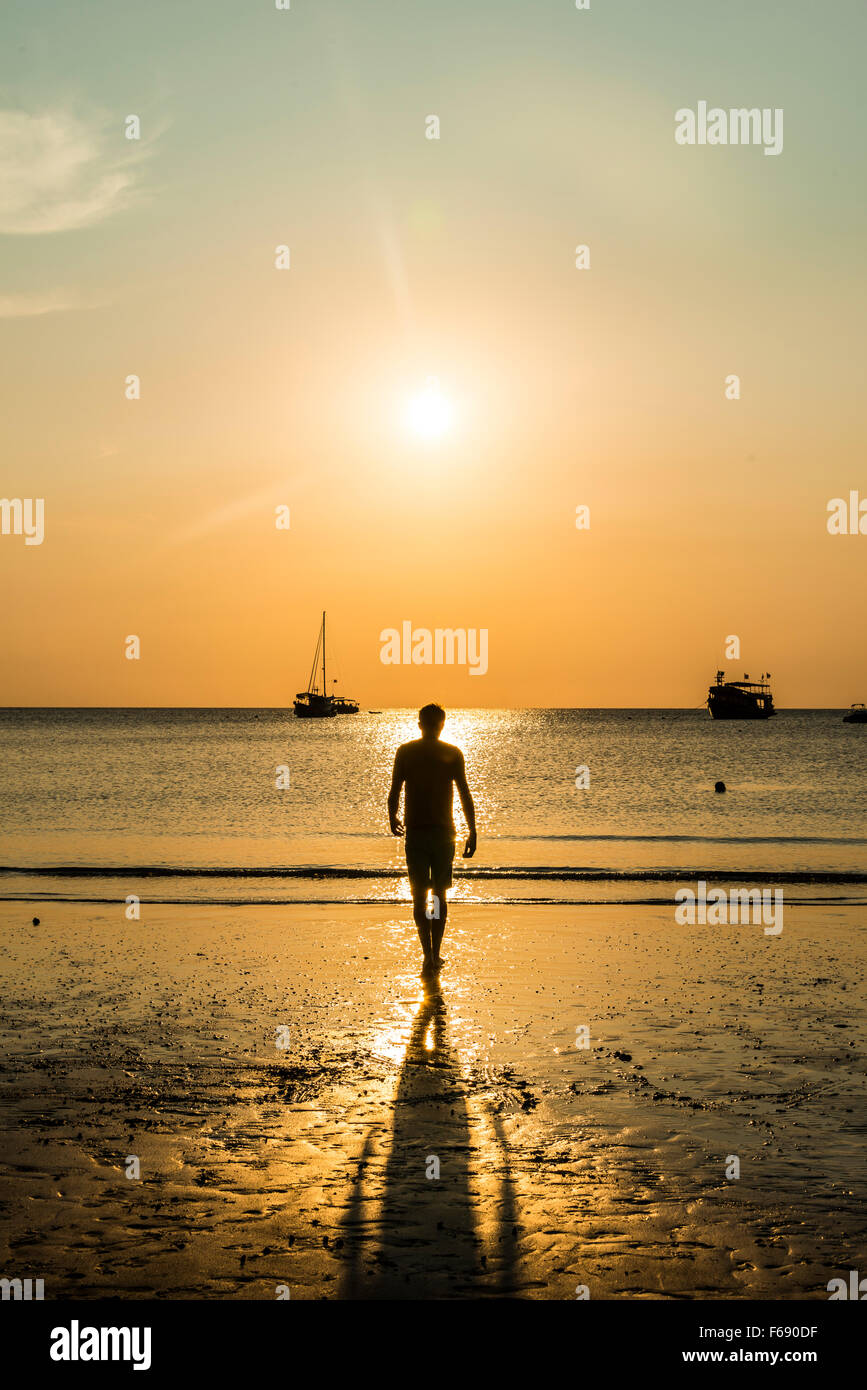 Junger Mann am Strand, Silhouette, Sonnenuntergang, Koh Tao, Thailand Stockfoto