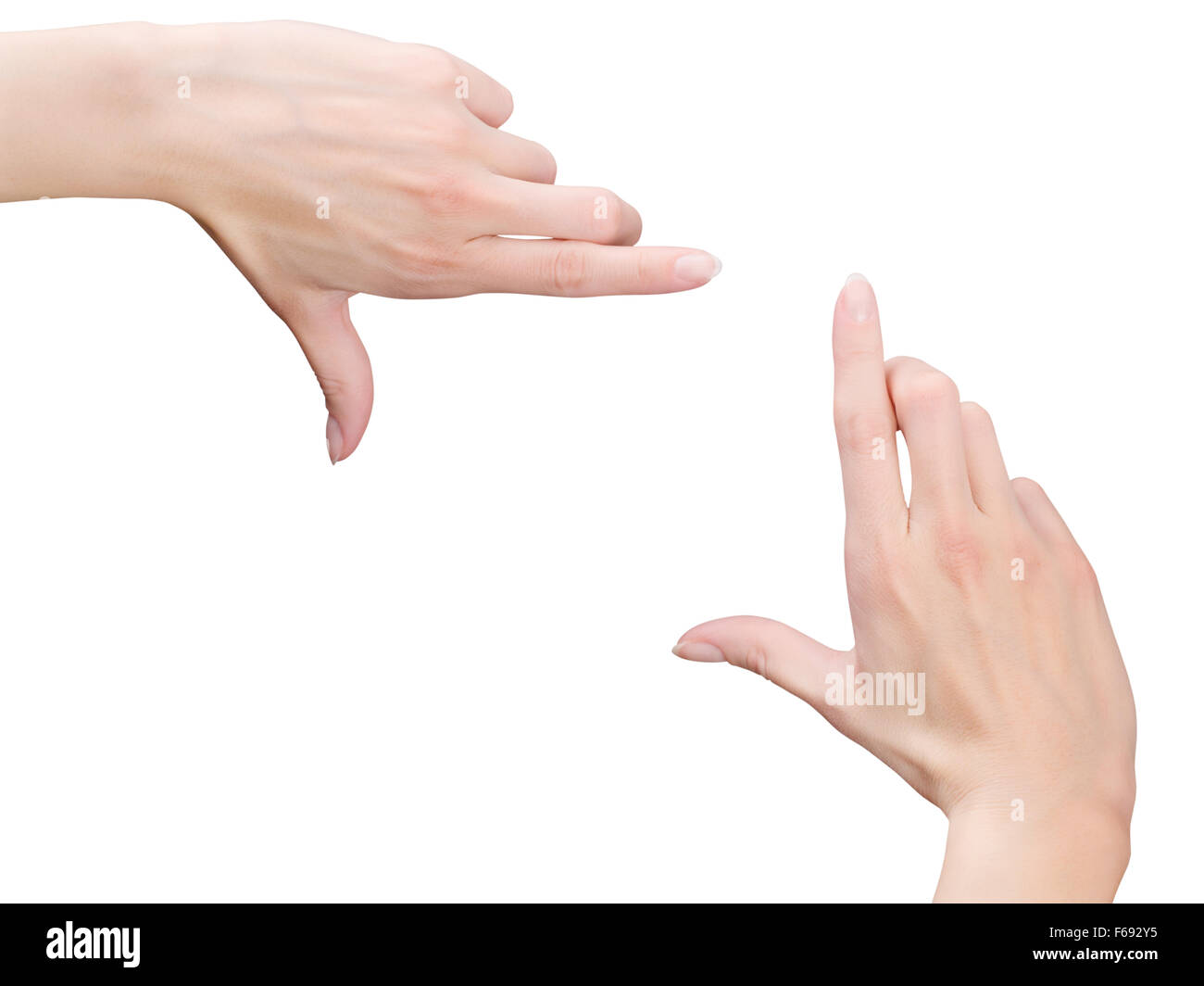 Gestell aus mit Frauenhand isoliert auf weiss mit Beschneidungspfad Stockfoto