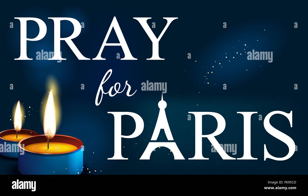 Betet für Paris, abstrakten Hintergrund. Silhouette des Eiffelturms in Lichter und Bokeh mit Kerzen. Stock Vektor
