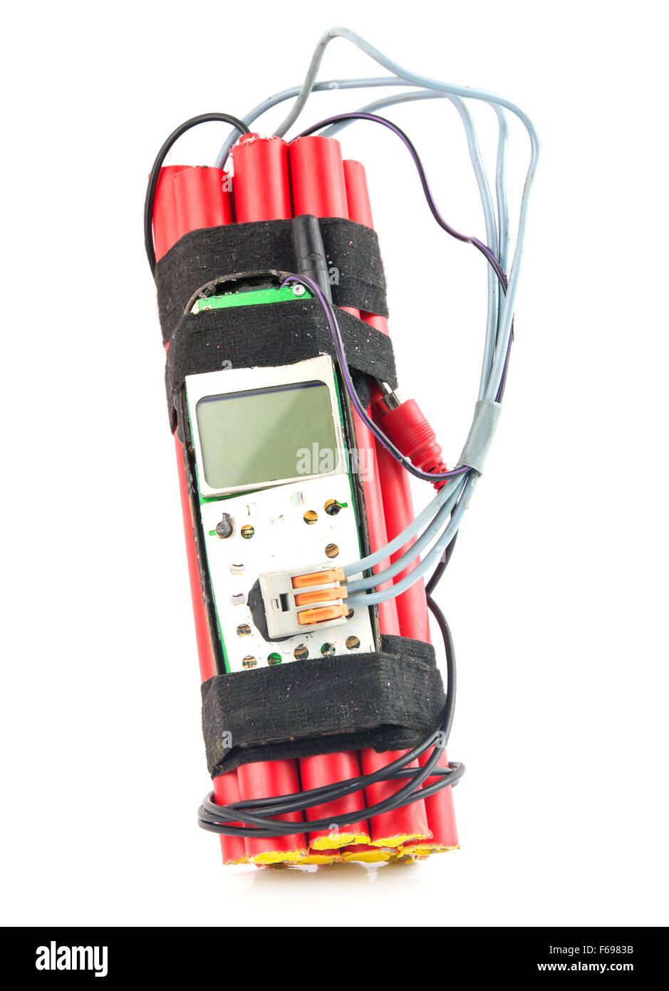 Zeitbombe mit Telefon elektronische isoliert auf weiss Stockfoto