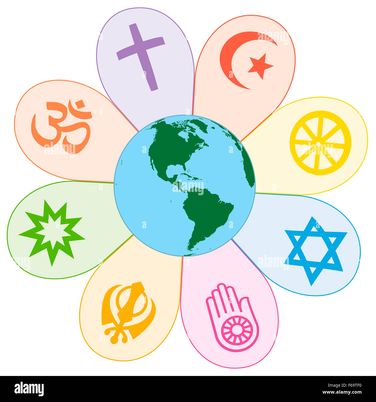 Weltreligionen vereint auf einer bunten Blume mit Erde im Zentrum. Abbildung auf weißem Hintergrund. Stockfoto