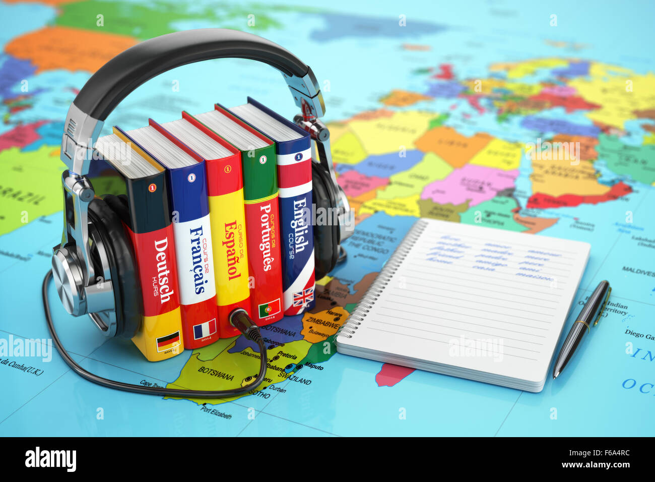 Lernen Sprachen online. Hörbücher-Konzept. Bücher und Kopfhörer auf der Weltkarte. 3D Stockfoto