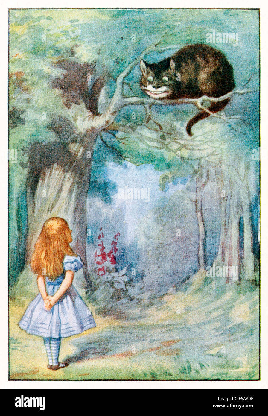 „Alice and the Cheshire Cat – ‘Ich knurre, wenn ich zufrieden bin, und wackle meinen Schwanz, wenn ich wütend bin’“ 1911 Illustration des britischen Künstlers Sir John Tenniel (1820-1914), der die ikonische Cheshire Cat aus einem Baumzweig mit Alice spricht, aufgenommen aus Lewis Carrolls ‘Alice’s Adventures in Wonderland’. Foto aus einer kombinierten Ausgabe von 1911 von „Alice’s Adventures in Wonderland and Through the Looking-Glass and What Alice found there“. Kredit: Privatsammlung / AF Fotografie Stockfoto