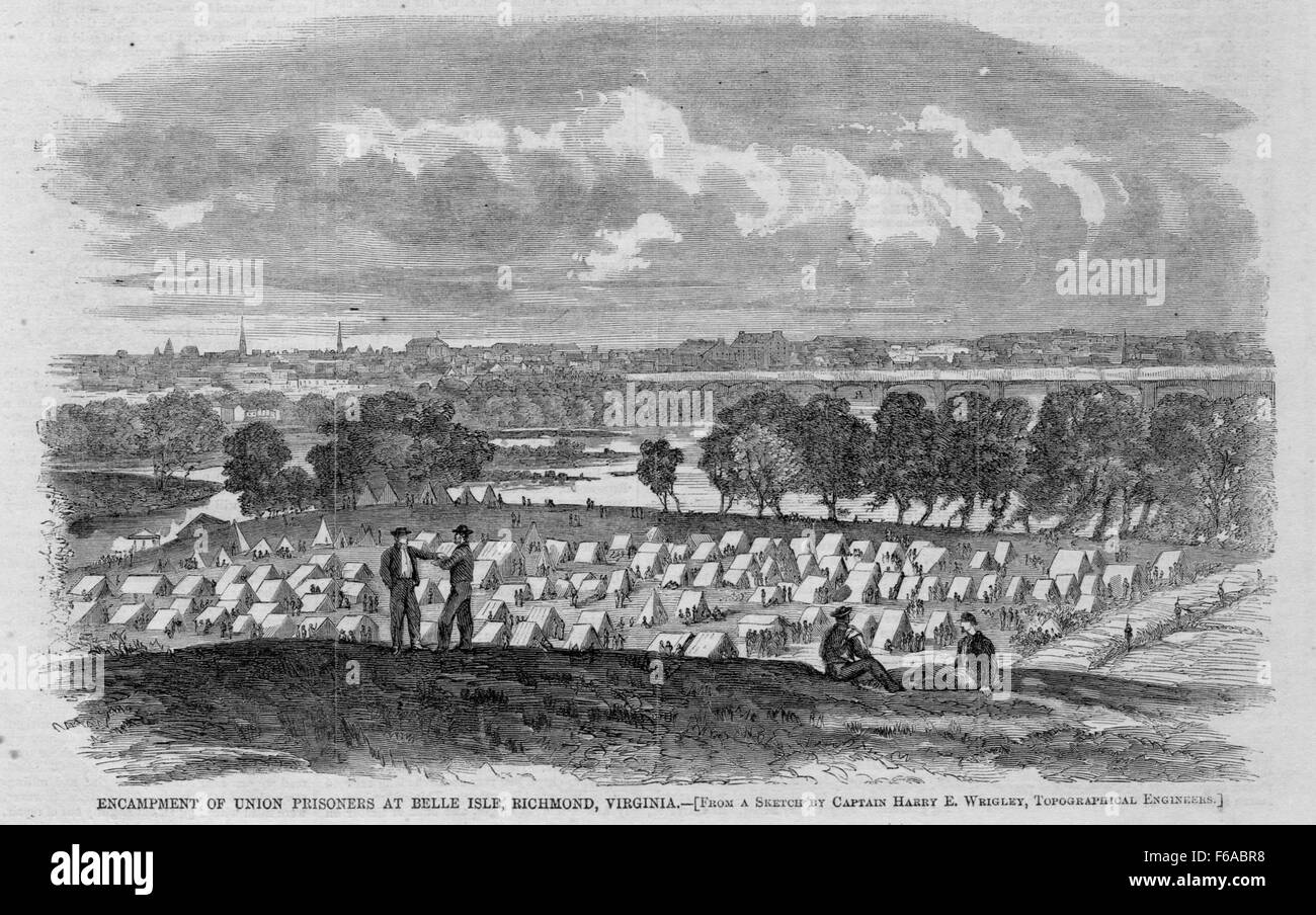 Ein Bild des Gefangenenlagers der Union auf Belle Isle, das sich im James River bei Richmond, Virginia, während des Amerikanischen Bürgerkriegs befand. Dieses Lager war bekannt für seine harten Bedingungen, mit Tausenden von Gewerkschaftssoldaten, die hier gefangen gehalten wurden. Das Bild fängt die schwierige und düstere Realität des Gefängnislebens während des Krieges ein. Stockfoto