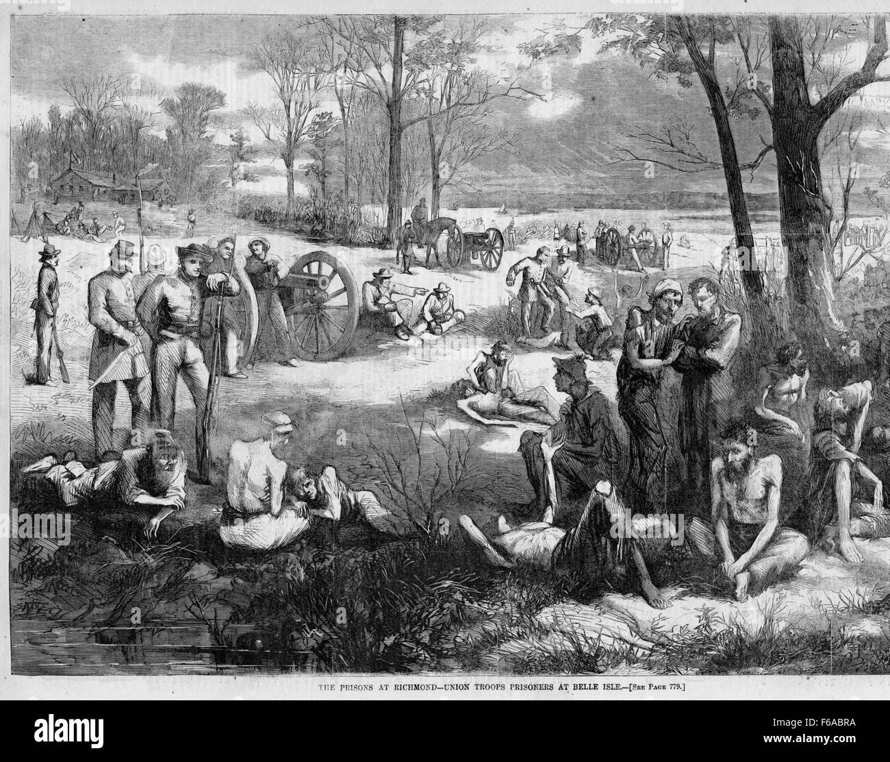 Während des Amerikanischen Bürgerkrieges wurden Soldaten der Union in Belle Isle, Richmond, Virginia, inhaftiert. Das Gefangenenlager auf einer Insel im James River war berüchtigt für Überfüllung und schlechte Bedingungen. Tausende von Gewerkschaftstruppen mussten hier hart behandelt und entbehrt werden, was es zu einem der berüchtigtsten Gefangenenlager des Krieges machte. Stockfoto
