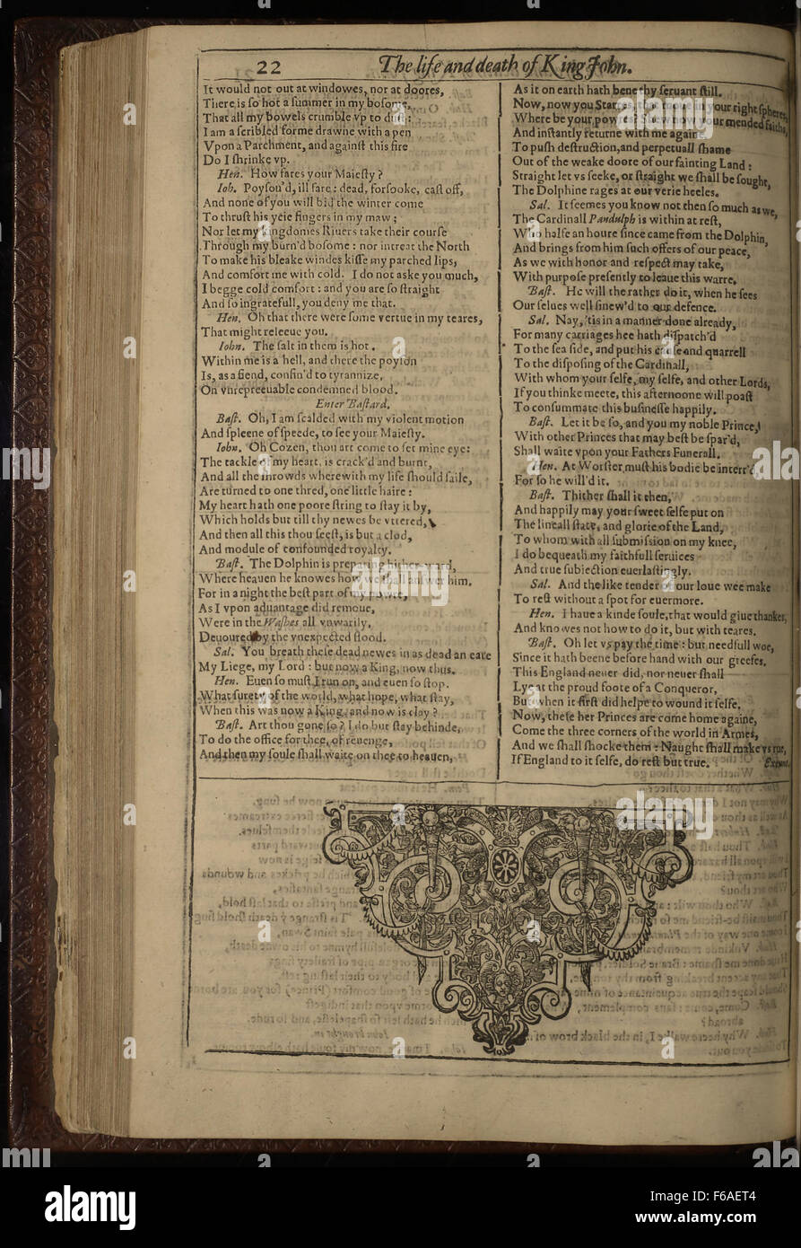 Seite 22 aus der ersten Folio-Ausgabe von Shakespeares „das Leben und der Tod von König Johannes“, einem Geschichtsstück, das sich mit Themen wie Macht, Legitimität und Verrat während der Herrschaft von König Johannes von England befasst. Stockfoto