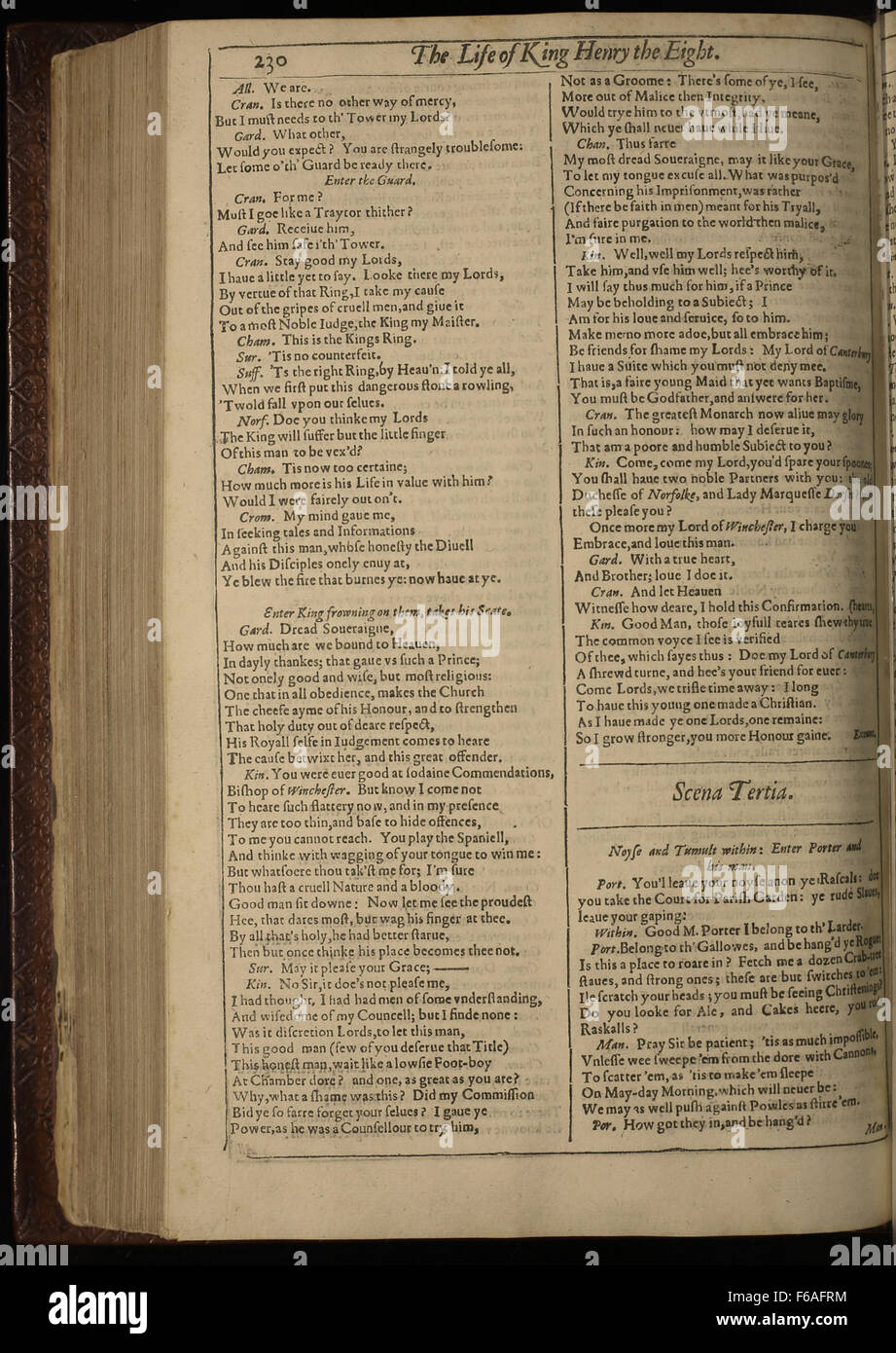 Die berühmte Geschichte des Lebens von König Heinrich VIII. Im ersten Folio, veröffentlicht 1623. Dieses Geschichtsstück zeigt die Herrschaft König Heinrich VIII., wobei er sich auf seine Ehen und politischen Entscheidungen konzentriert, ein bedeutendes Werk in Shakespeares historischen Dramen. Stockfoto