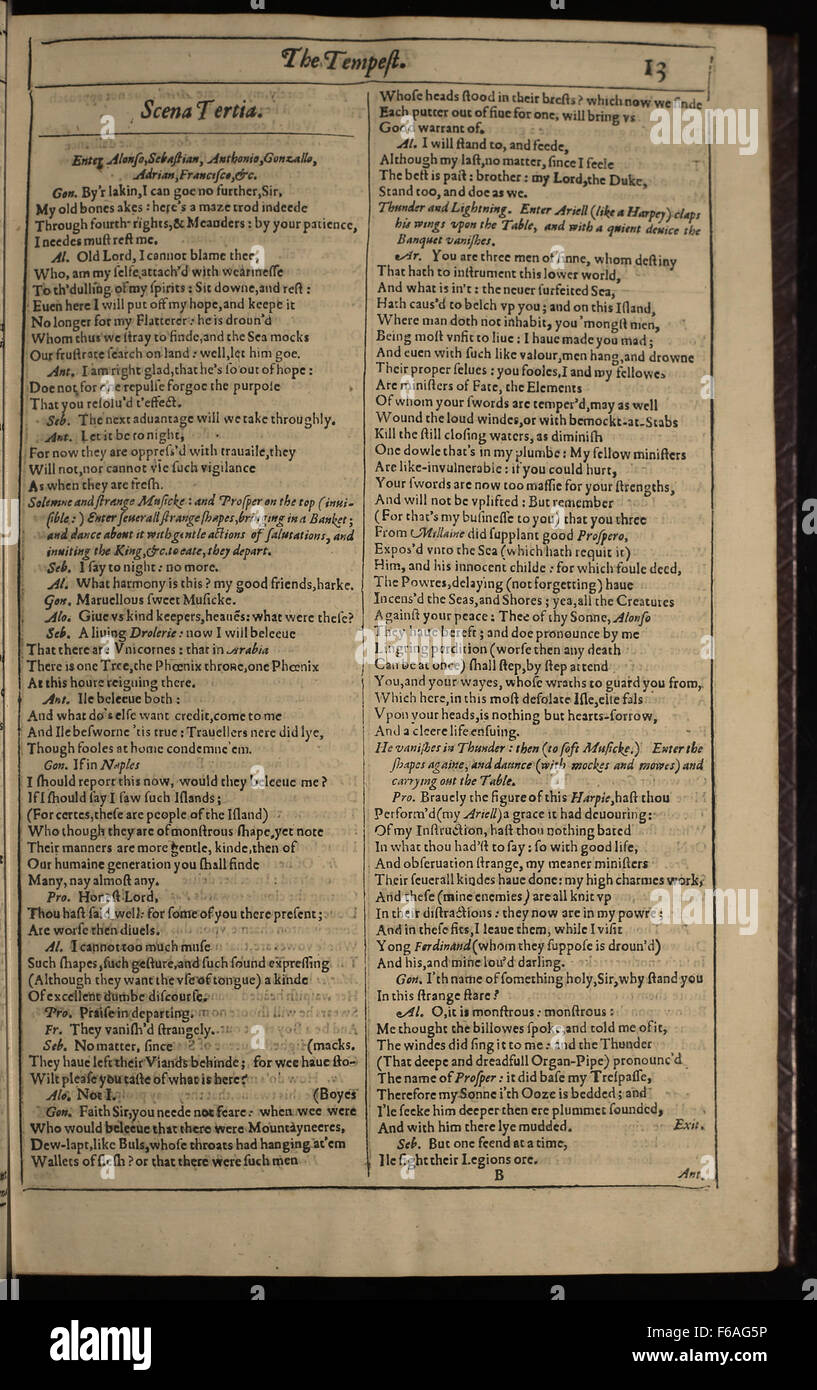 Ein Bild von Seite 13 aus der ersten Folio-Ausgabe von Shakespeares „der Sturm“, das den historischen und literarischen Wert dieses Werkes unterstreicht. Stockfoto