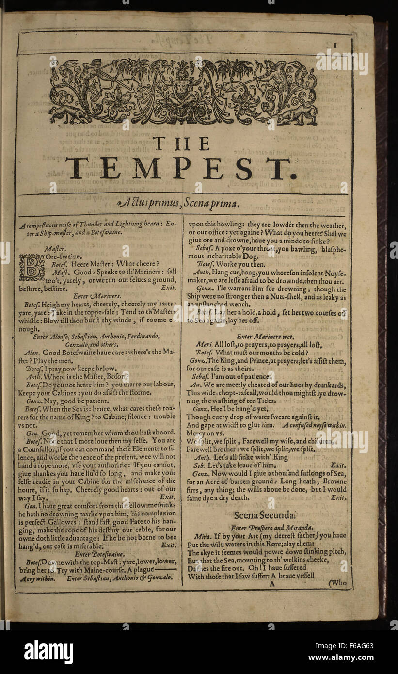 Ersten Folio der Tempest, p 1 Stockfoto