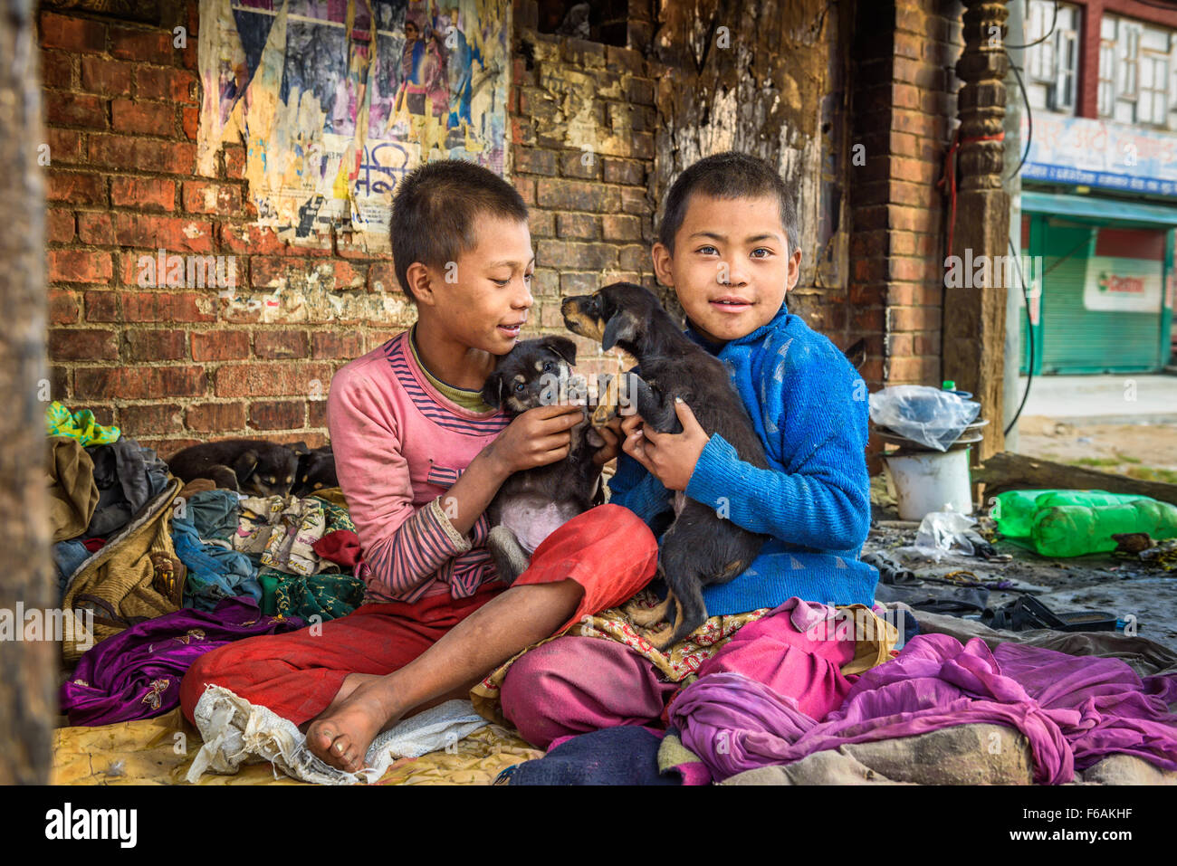 Obdachlose Kinder spielen mit Welpen auf der Straße von Kathmandu. Stockfoto