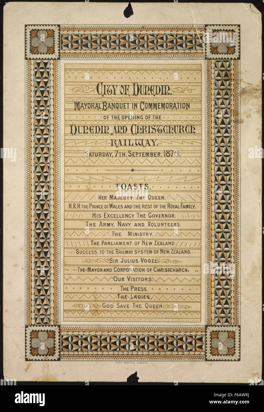 Die Stadt Dunedin veranstaltete ein bürgermeisterliches Bankett, um die Eröffnung einer wichtigen Veranstaltung oder eines Gebäudes zu gedenken. Diese Feier unterstreicht die kulturelle Bedeutung und den bürgerlichen Stolz in Dunedins Gemeinde. Stockfoto