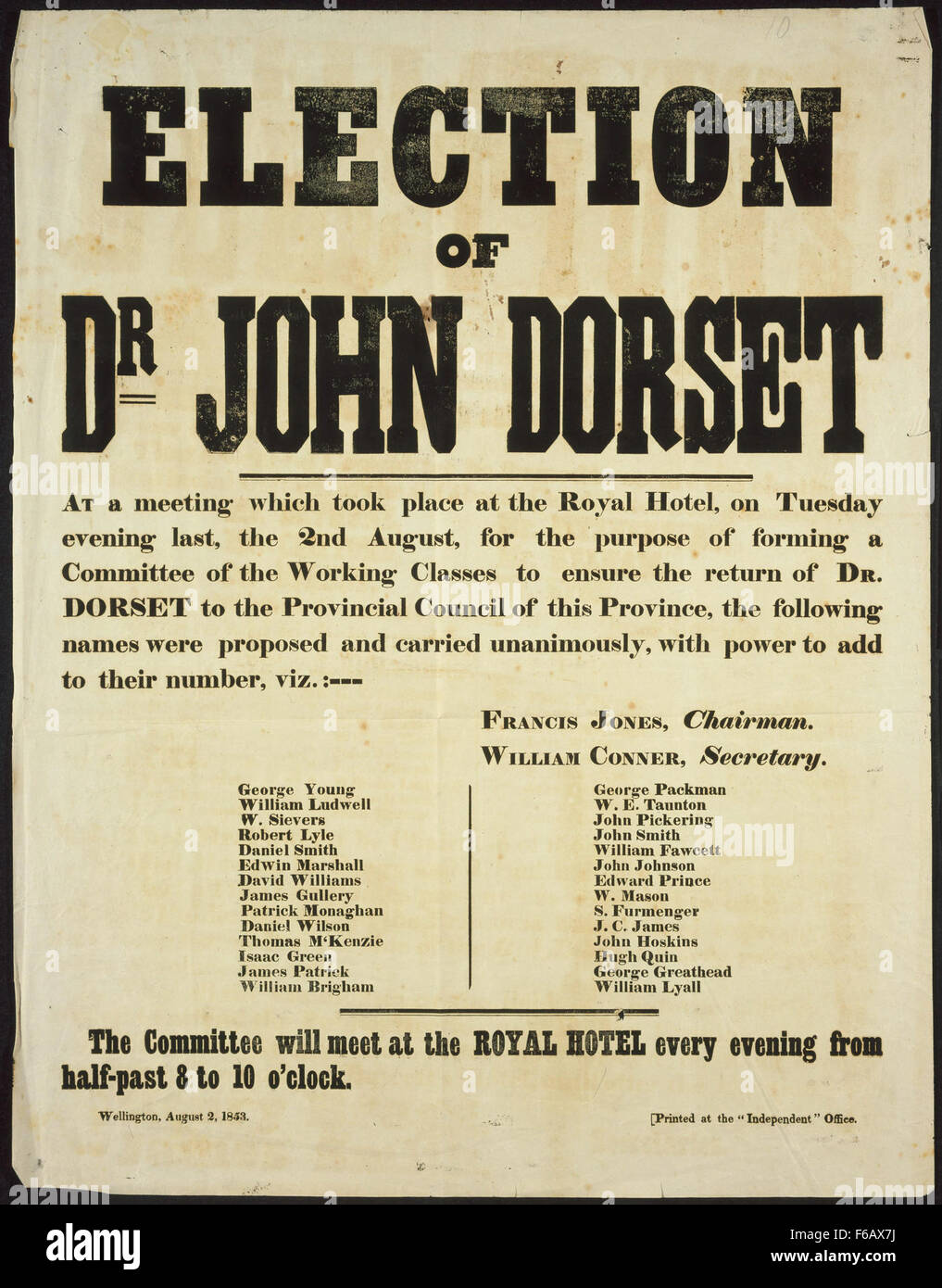 Diese historische Szene fängt die Wahl von Dr. John Dorset ein und betont das gesellschaftliche und politische Ereignis der Zeit, mit sorgfältiger Aufmerksamkeit auf die Umgebung und die beteiligten Charaktere. Stockfoto