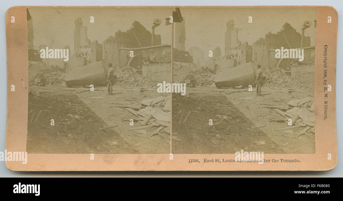 Dieses Foto zeigt die Folgen eines Tornados, der East St. Louis traf und die Zerstörung der Aufzugsgebäude zeigt. Die Zerstörung verdeutlicht die gewaltigen Auswirkungen von Naturkatastrophen auf die Infrastruktur und die umliegende Umwelt. Stockfoto