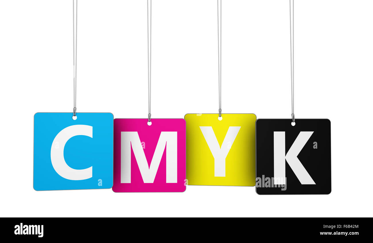 CMYK-Offset-Digitaldruck und Grafik-Design-Konzept mit Farben und Buchstaben auf Tags 3d Illustration. Stockfoto