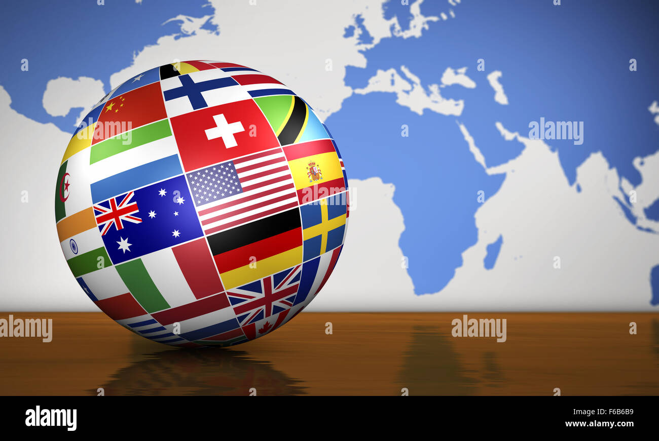 International Business Management und Reisen Dienstleistungskonzept mit einem Globus mit internationalen Flaggen. Stockfoto