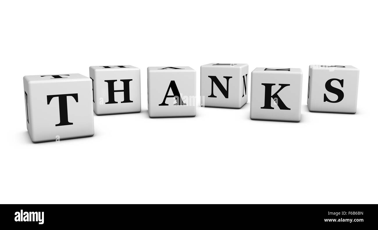 Danke Konzept mit vielen Dank Wort und Zeichen auf Würfel auf weißem Hintergrund. Stockfoto