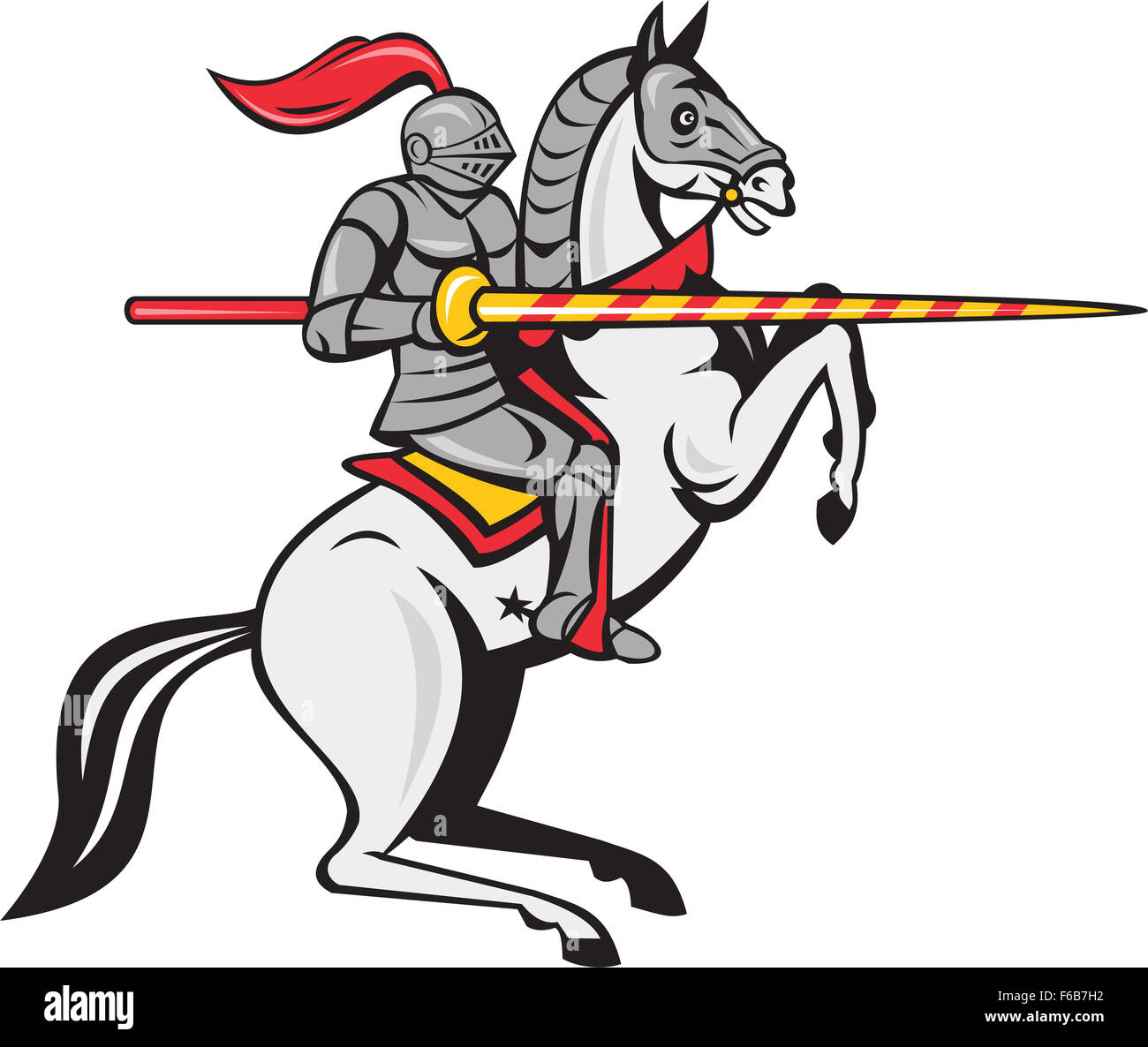 Cartoon-Stil Abbildung von einem Ritter in voller Rüstung hält Lanze Reiten Pferd Ross tänzelnden gesehen von der Seite auf isolierten weißen Hintergrund gesetzt. Stockfoto