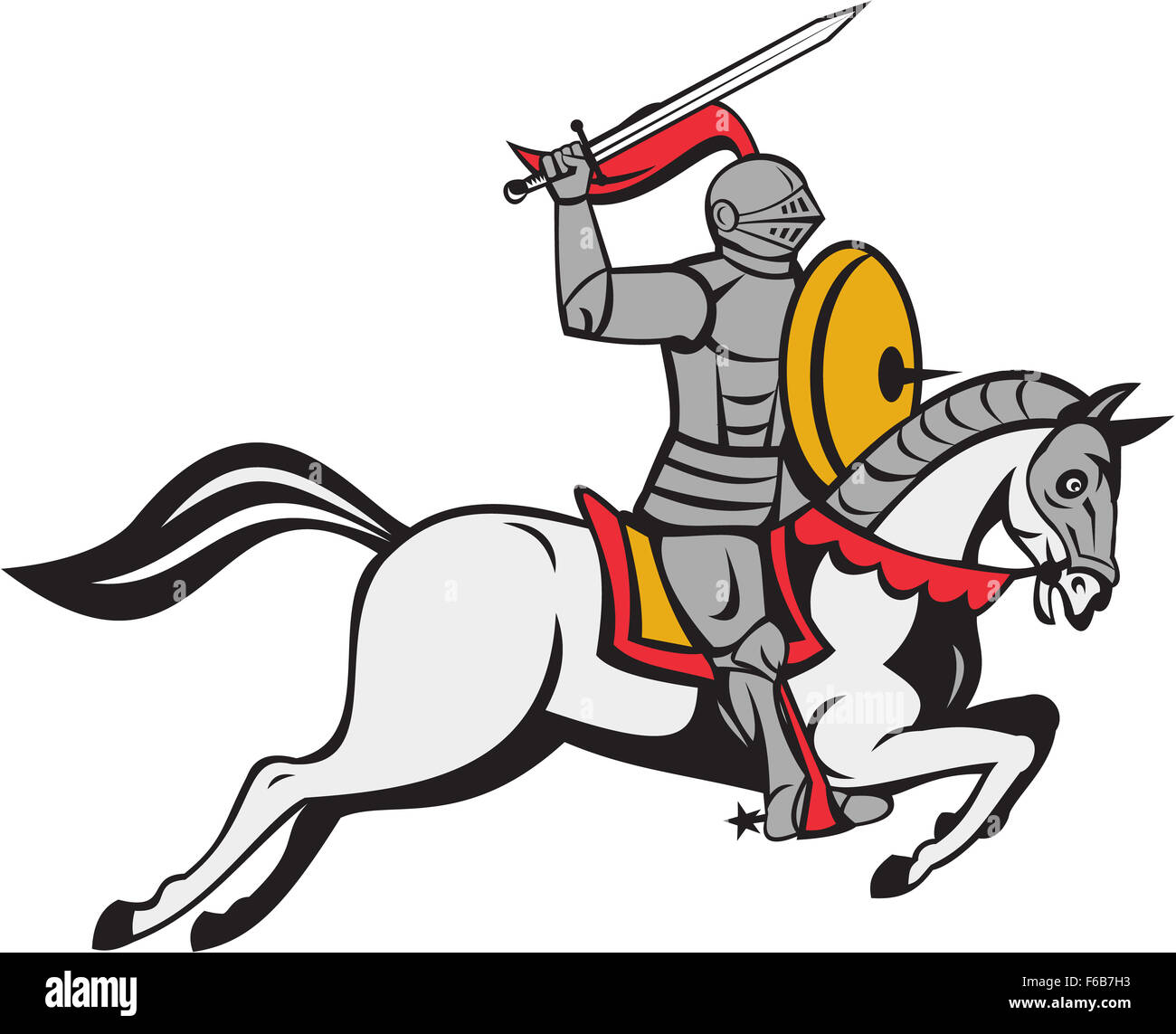 Cartoon-Stil-Abbildung von einem Ritter in voller Rüstung mit Schwert einerseits über den Kopf und Schild auf der anderen Seite Reiten Pferd Reittier angreifen betrachtet von der Seite setzen auf weißem Hintergrund isoliert. Stockfoto