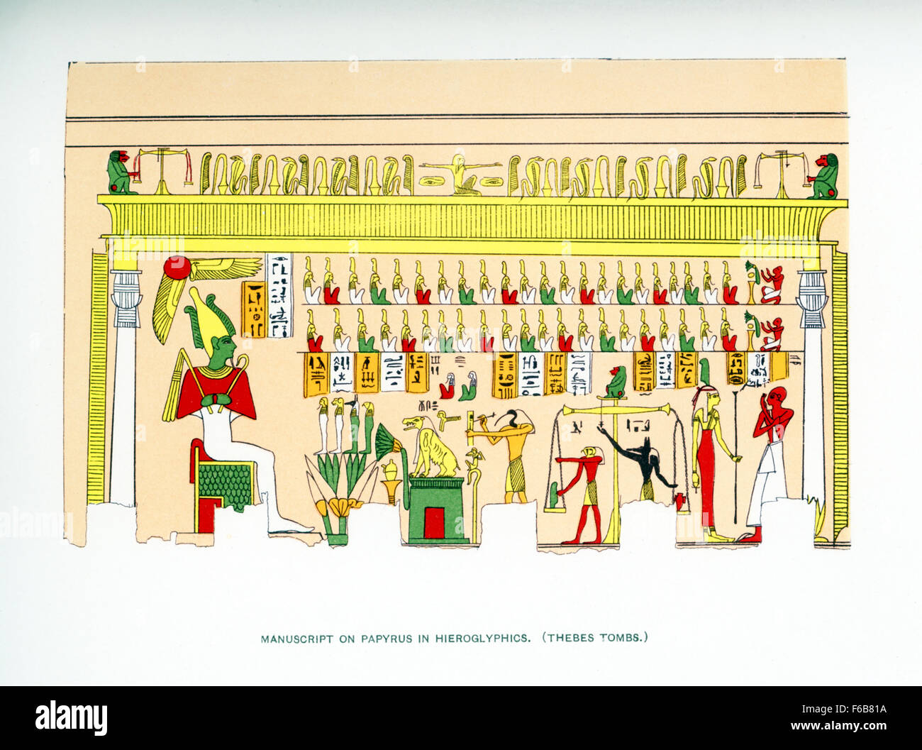 Hier abgebildet ist ein Manuskript gezeichnet auf Papyrus Hieroglyphen und Kunst in einem alten ägyptischen Grab in Theben, mit seinen vielen Felsengräber, im Süden von Ägypten gefunden. Diese Abbildung stammt aus 1903 und erschien in dem Buch Geschichte von Ägypten durch französische Ägyptologe Gaston Maspero. Es vereint viele der Szenen in der Grabstätte gefunden. Dazu gehören auch der Gott der Unterwelt Osiris (seine Haut Farbe grün, symbolisiert Wiedergeburt) sitzt auf der linken Seite. Im Vordergrund sind die vier Söhne des Horus (Horus war Osiris Sohn). Der Gott Thoth zu schreiben ist auf beschriften ein ein rechteckiges Stück Papyrus. Stockfoto