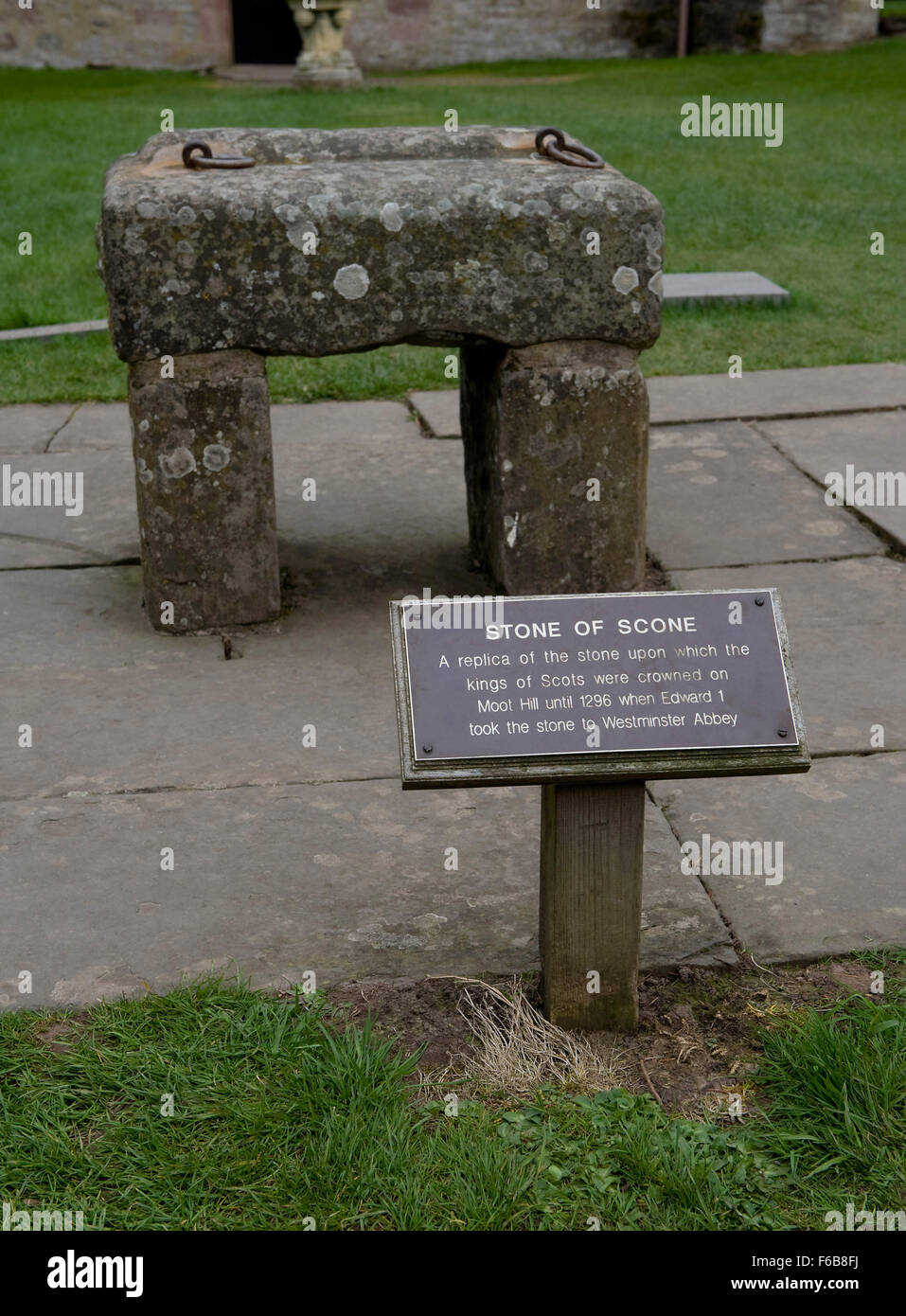 Der Stein von Scone, auch bekannt als der Stein des Schicksals im Scone Palace in Perthshire, Schottland. Stockfoto