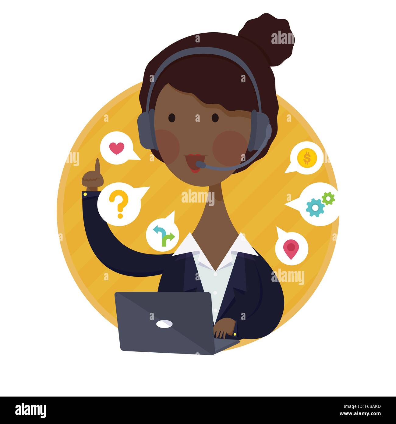 Vektor-Illustration Kunden Unterstützung helfen Schreibtisch African American Woman Operator Service-Konzepts im schwarzen Anzug Stock Vektor