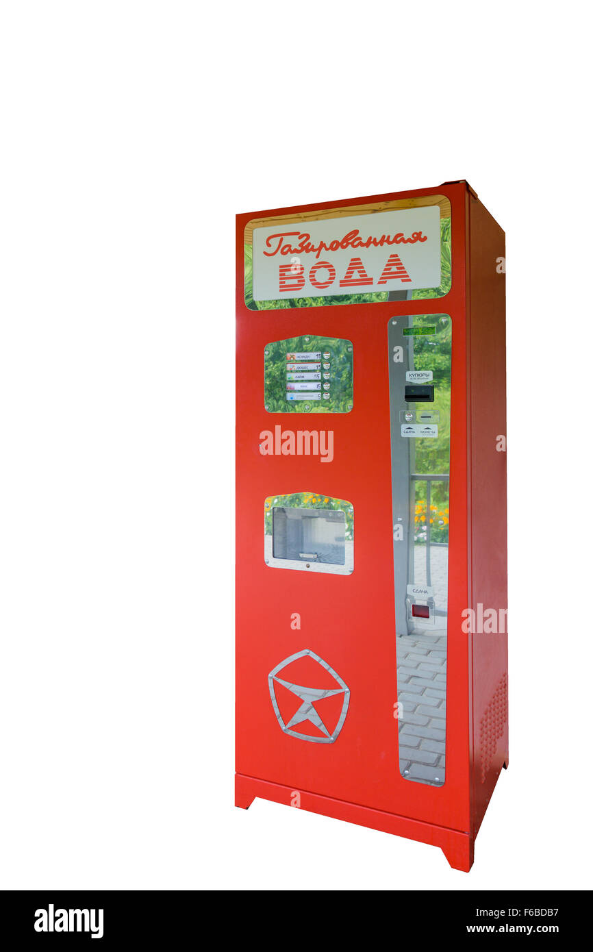 Isolierte Maschine für den Vertrieb kohlensäurehaltigen Getränken auf weißem Hintergrund Stockfoto