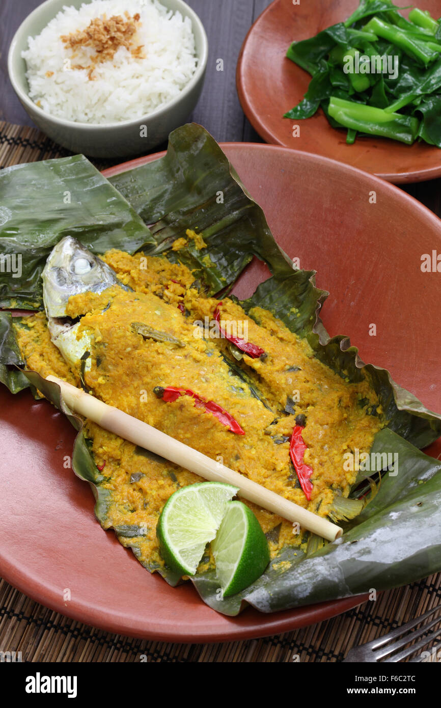 Pepes Ikan, indonesische Küche, gedünsteter Fisch in Bananenblätter gewickelt Stockfoto