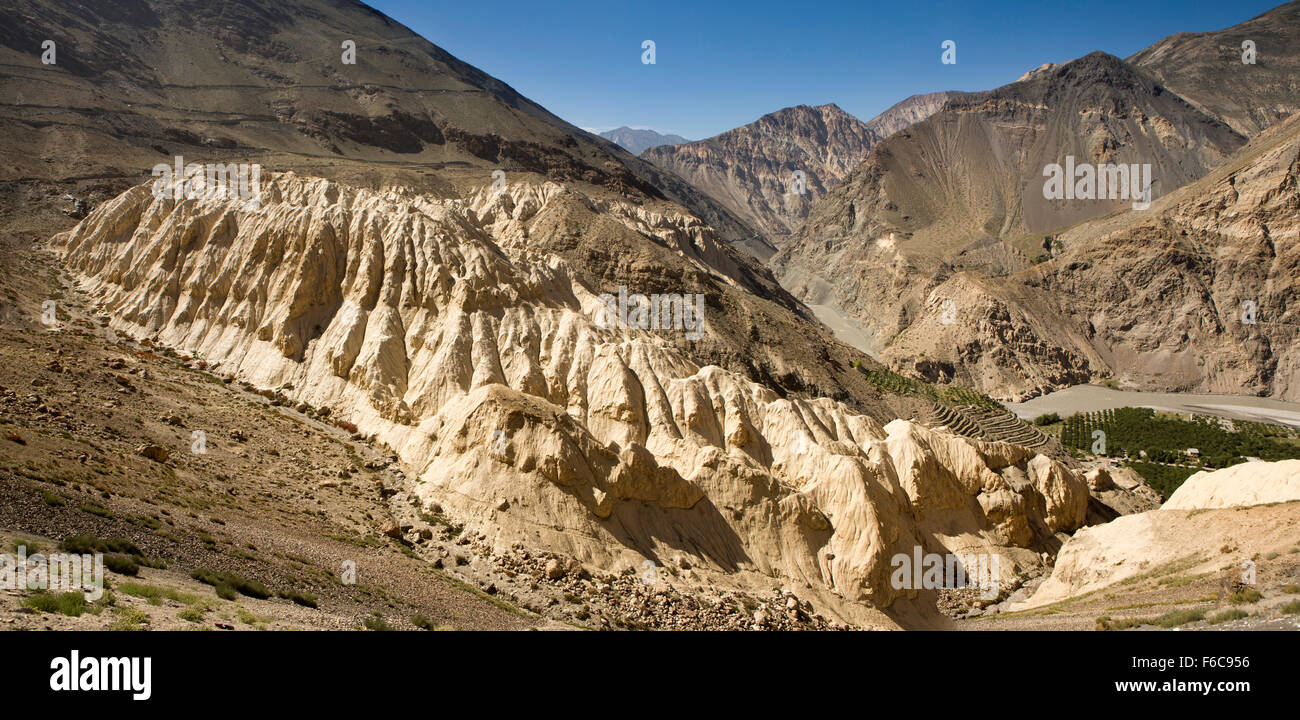Indien, Himachal Pradesh, Sumdo, Erosion, Regen erodiert Schlamm in Nullah über Spiti Fluss, Panorama Stockfoto