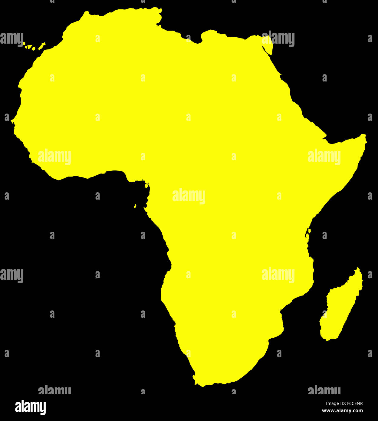 Eine gelbe Afrika Karte auf schwarzem Hintergrund isoliert Stockfoto