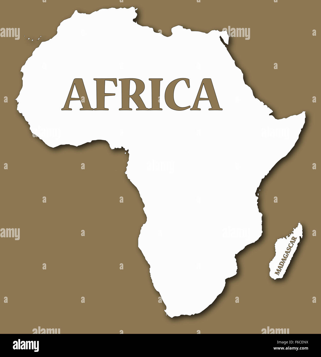 Ein Afrika und Madagaskar Karte mit Text und Schatten auf braunem Hintergrund isoliert Stockfoto