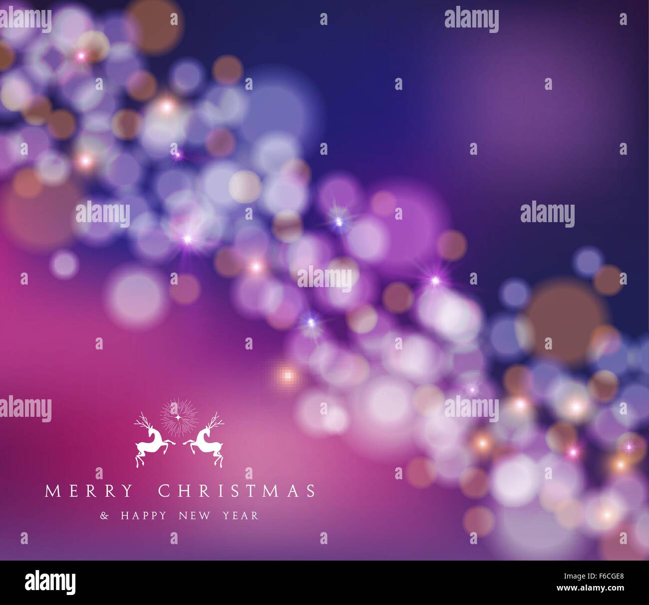 Frohe Weihnachten guten Rutsch Unschärfe Bokeh Lichter und Sterne Hintergrund mit Hirsch-Label. Ideal für Weihnachten Grußkarte oder Urlaub Stock Vektor